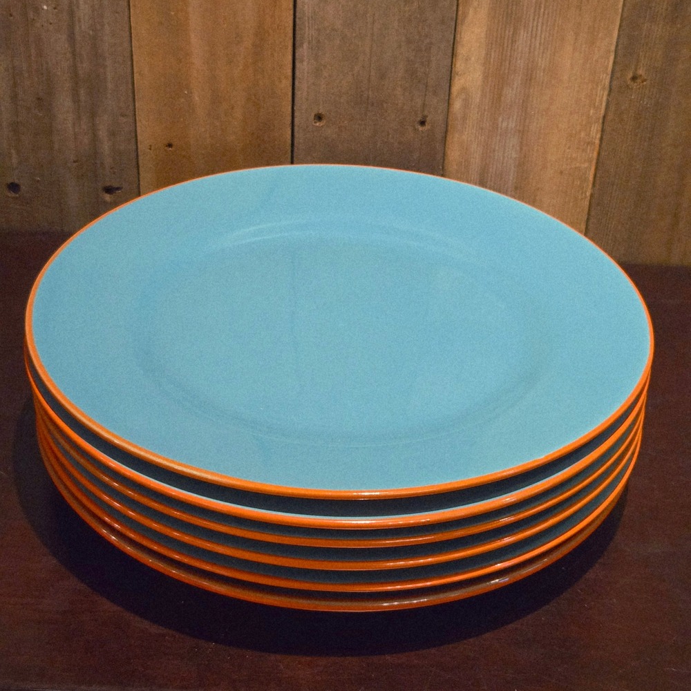 Baum Tangier Dinner Plates 10.75" Set of 6 Turquoise Blue Orange Rim Modern XLNT